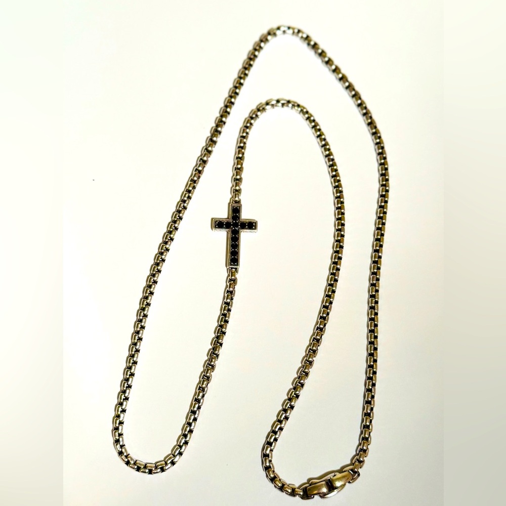 David Yurman Cross Station Necklace Sterling Silver with Black Diamonds, 5mm 26”